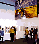 Main exhibit room with banner hanging from the ceiling